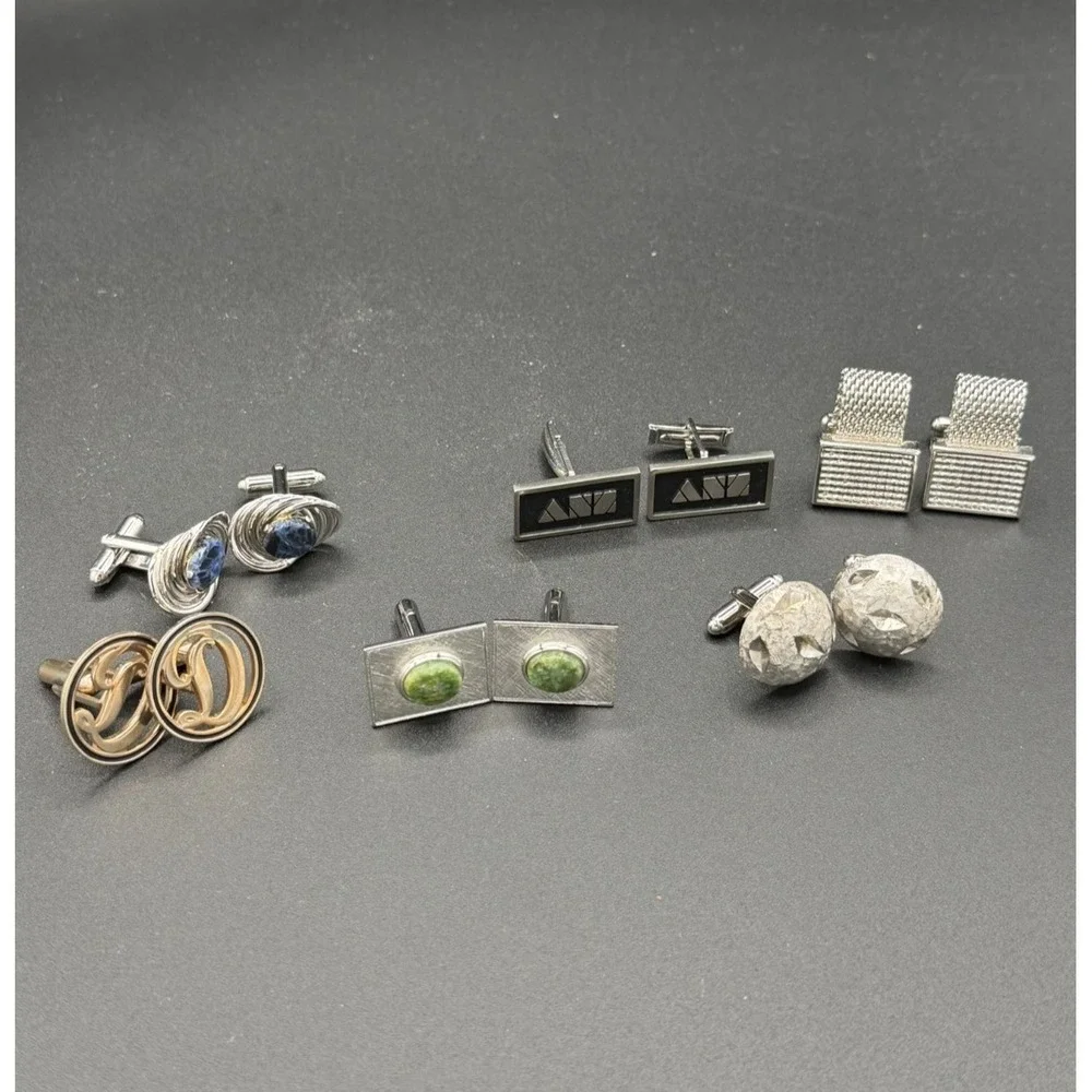 Vintage Cufflinks Lot of 5 Pairs Silver Tone Textured Stone Modern Retro Styles